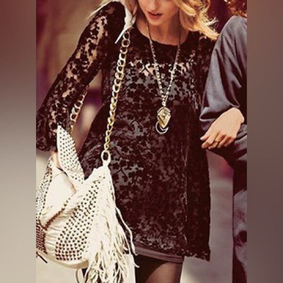 Gypsy Junkies X Free People Black Bell Sleeve Velvet Tunic Mini Dress Top S/M - Picture 5 of 10